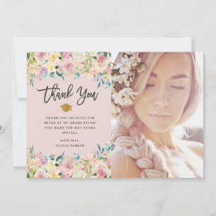 Blush Pink and Ivory Floral Graduation Photo Thank You Card