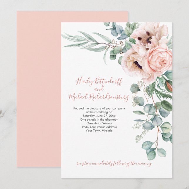Blush Pink and Ivory Poppies Eucalyptus Greenery Invitation (Front/Back)