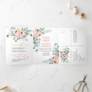 Blush Pink and Ivory Watercolor Floral Wedding Tri-Fold Invitation