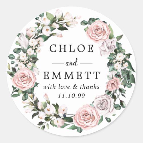 Blush Pink and Lavender Rose Wreath Wedding Favor Classic Round Sticker