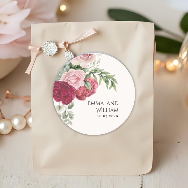 Blush Pink and Marsala Rose Wedding Classic Round Sticker (Creator Uploaded)