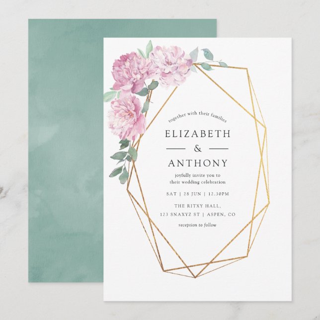 Blush Pink and Mint Geometric Floral Wedding Invitation (Front/Back)