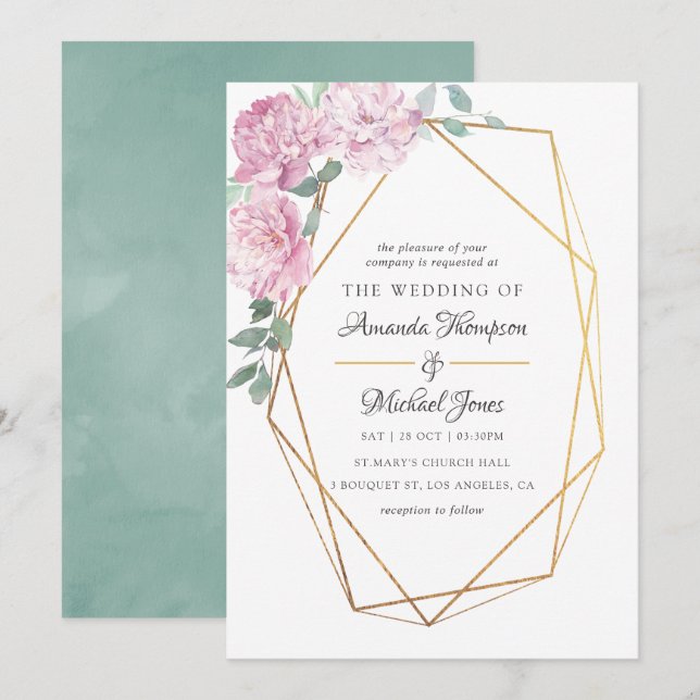 Blush Pink and Mint Geometric Floral Wedding Invitation (Front/Back)