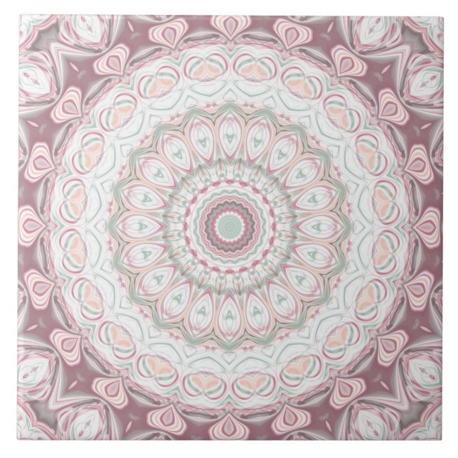Blush Pink and Mint Mandala Pattern Design Ceramic Tile (Front)