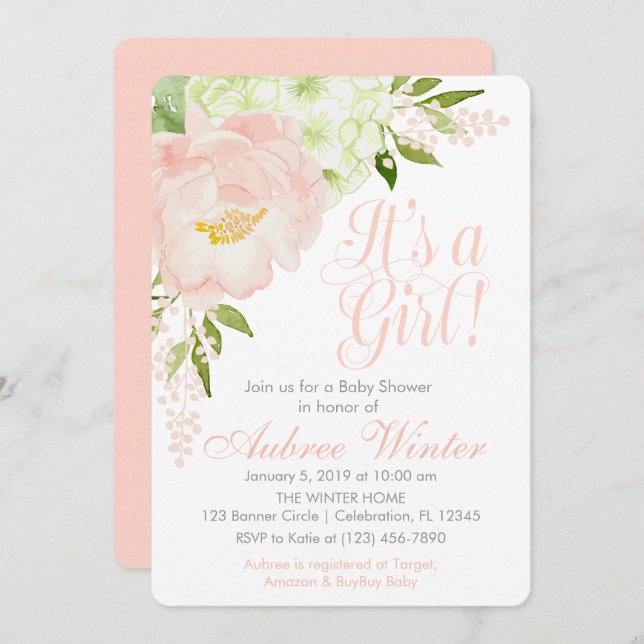 Blush Pink and Mint Spring Floral Girl Baby Shower Invitation (Front/Back)