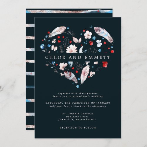 Blush Pink and Navy Blue Boho Heart Wedding Invitation