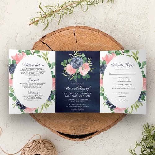 Blush Pink and Navy Blue Floral 3 in 1 Wedding Tri_Fold Invitation