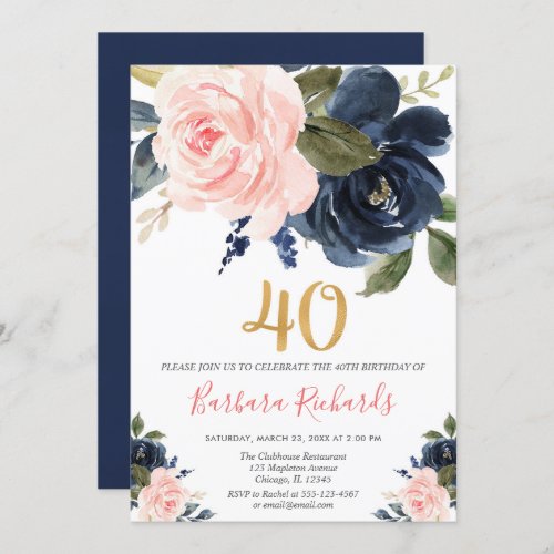 Blush pink and navy blue floral 40th birthday invitation