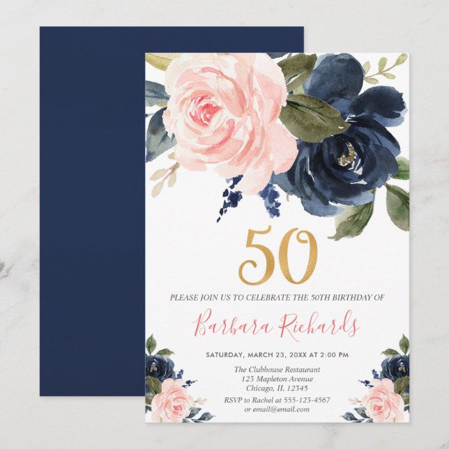 Blush pink and navy blue floral 50th birthday invitation (Front/Back)
