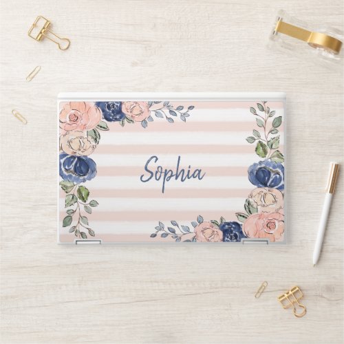 Blush Pink and Navy Blue Floral and Stripes HP Laptop Skin