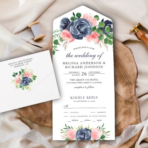 Blush Pink and Navy Blue Floral Bouquet Wedding All In One Invitation