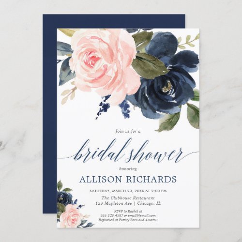 Blush pink and navy blue floral bridal shower invitation
