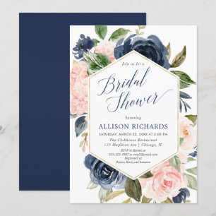 Blush pink and navy blue floral bridal shower invitation