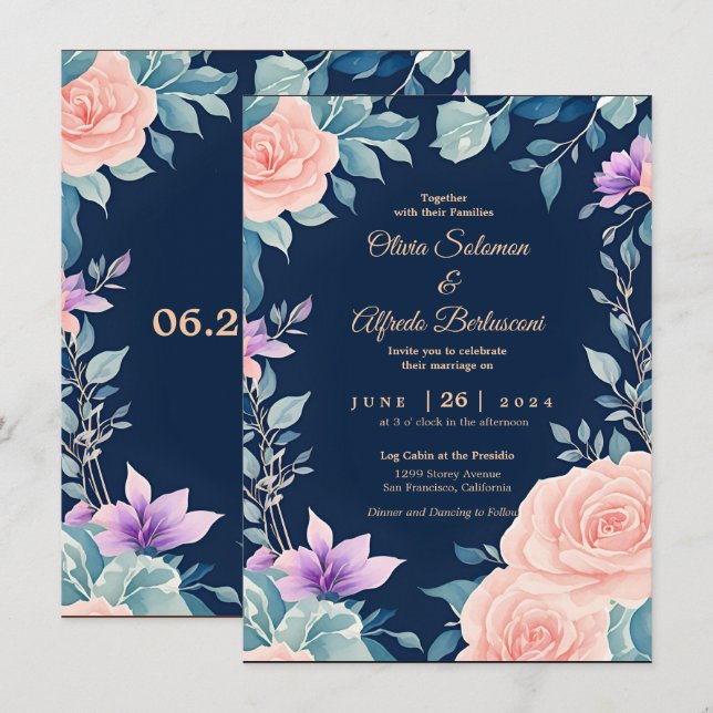 Blush pink and Navy Blue floral elegant modern  Invitation (Front/Back)
