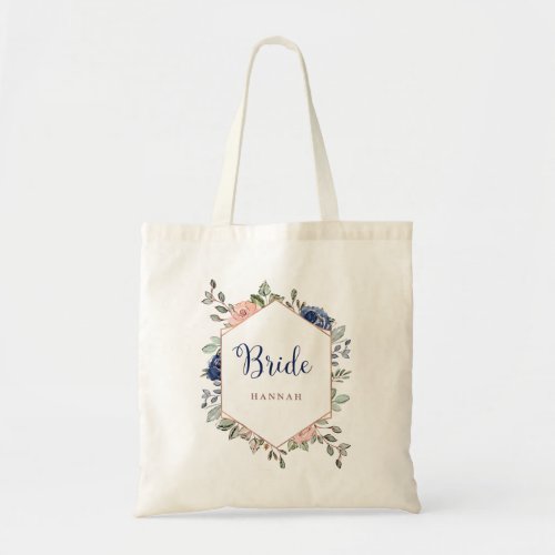 Blush Pink and Navy Blue Floral Geometric  Bride Tote Bag