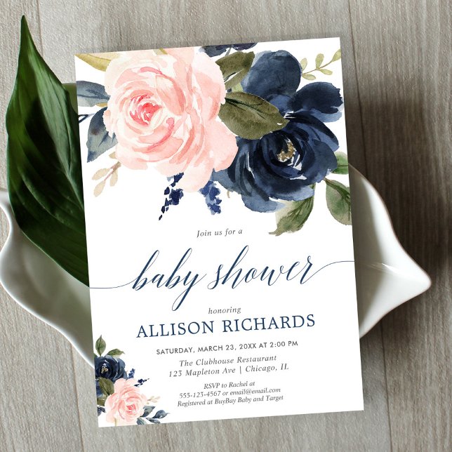 Blush pink and navy blue floral girl baby shower invitation (Creator Uploaded)