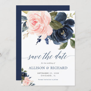 Blush pink and navy blue floral save the date invitation