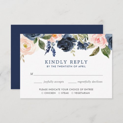 Blush pink and navy blue floral watercolors RSVP Invitation