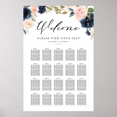 Blush Pink and Navy Blue Floral Wedding Seating Poster