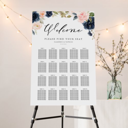 Blush Pink and Navy Blue Flowers Seating Chart Foam Board