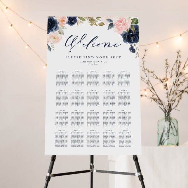 Blush Pink and Navy Blue Flowers Seating Chart Foam Board (In Situ (Stand))