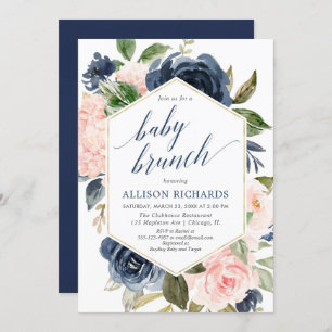 Blush pink and navy blue girl baby brunch shower invitation