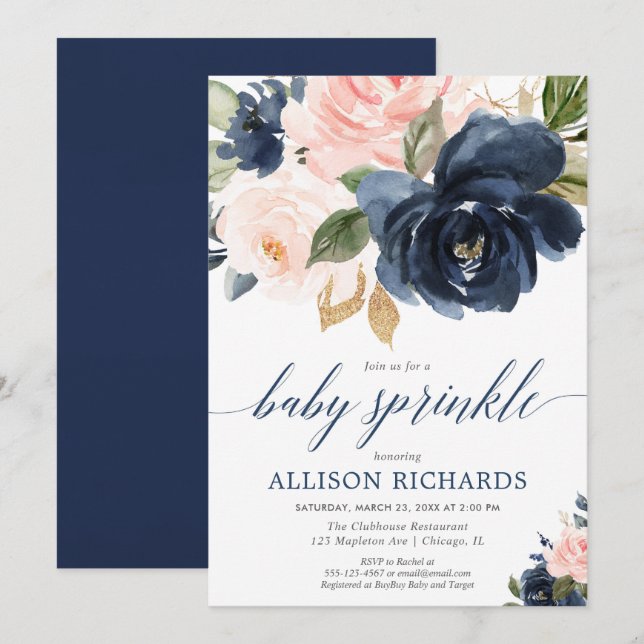 Blush pink and navy blue girl baby sprinkle shower invitation (Front/Back)