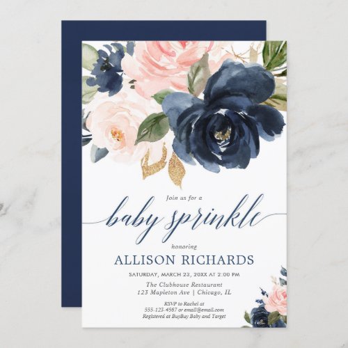 Blush pink and navy blue girl baby sprinkle shower invitation