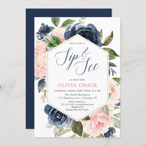 Blush pink and navy blue girl sip and see floral invitation