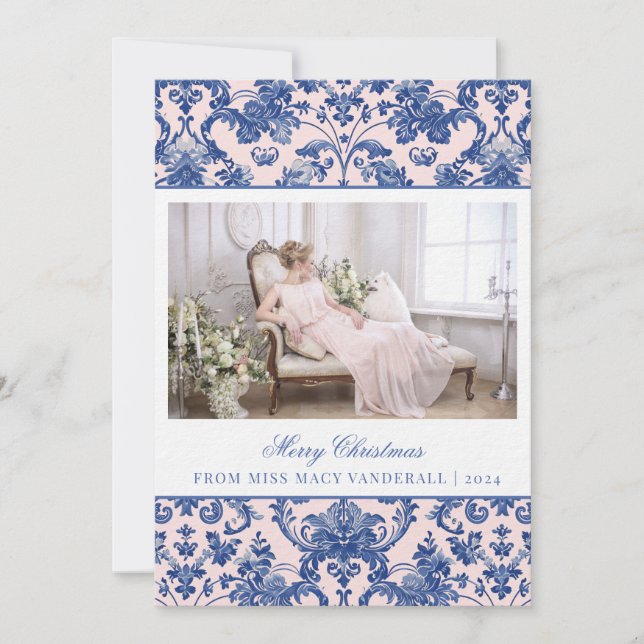 Blush Pink and Navy Blue Grandmillennial Damask  Holiday Card (Front)