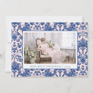 Blush Pink and Navy Blue Grandmillennial Damask Holiday Card