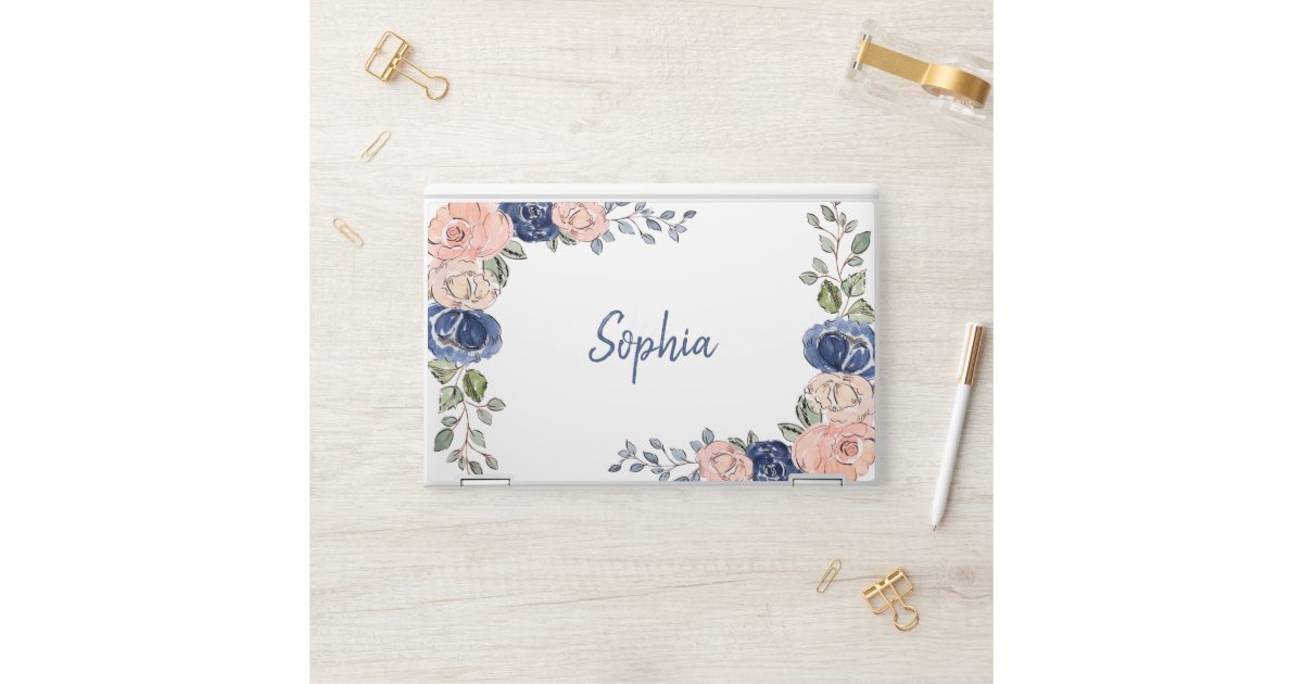 Blush Pink and Navy Blue Hand Drawn Floral HP Laptop Skin | Zazzle