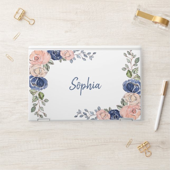 Blush Pink and Navy Blue Hand Drawn Floral HP Laptop Skin (Desk)