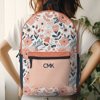 Blush Pink and Navy Blue Modern Floral Monogram