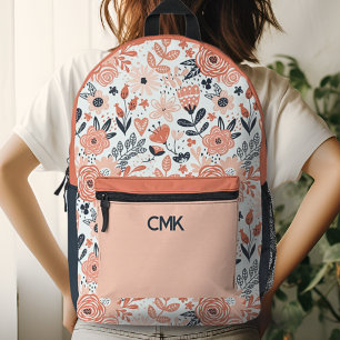 Blush Pink and Navy Blue Modern Floral Monogram Printed Backpack