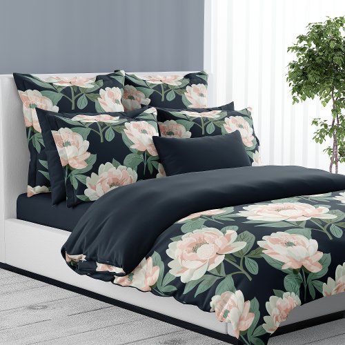 Blush Pink And Navy Blue Peonies Floral  Duvet Cover