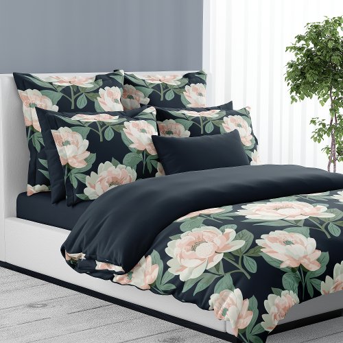 Blush Pink And Navy Blue Peonies Floral Duvet Cover