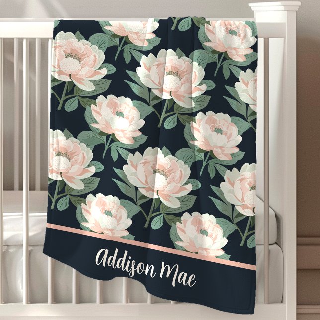 Blush Pink And Navy Blue Peonies Floral Girl Baby Blanket (Creator Uploaded)