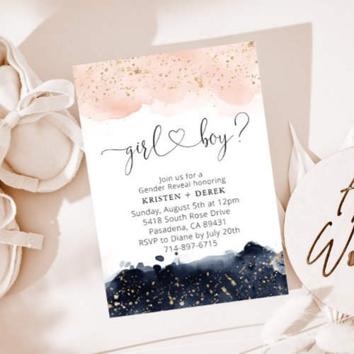 Blush Pink and Navy Blue Watercolor Gender Reveal  Invitation