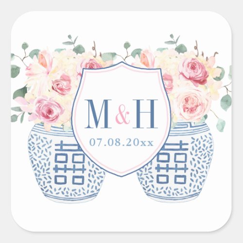 Blush Pink and Navy Chinoiserie Roses Wedding Logo Square Sticker - This classic design features a simple and elegant couples crest monogram with a ginger jar vase filled with lovely pink garden roses on each side. The ginger jars themselves were all handpainted by me in watercolors onto 100% cotton paper and scanned into digital form. The flowers / leaves are by other artists.