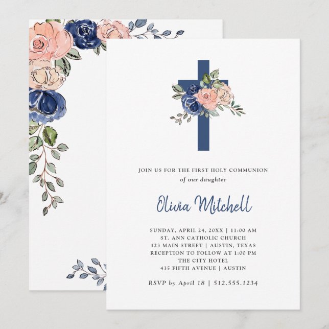 Blush Pink and Navy Floral | First Holy Communion Invitation (Front/Back)