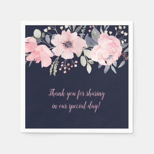 Blush Pink and Navy Floral Square Wedding  Napkins