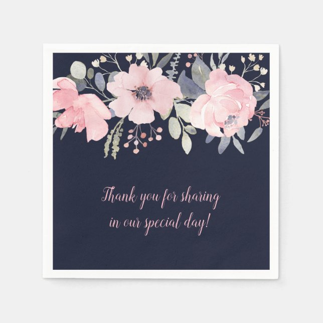 Blush Pink and Navy Floral Square Wedding | Napkins (Front)