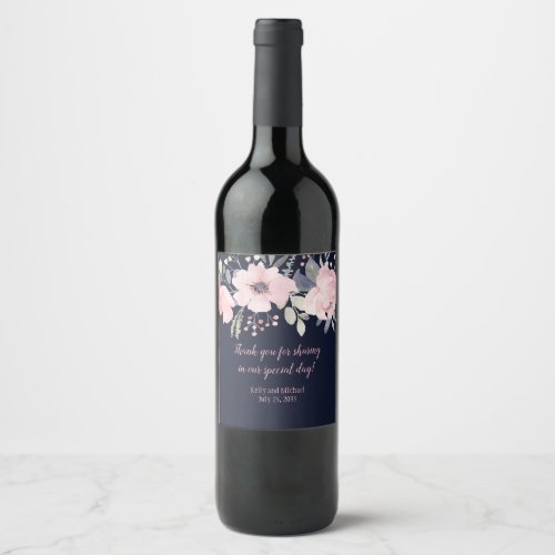 Blush Pink and Navy Floral Square Wedding   Wine Label