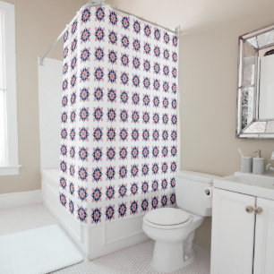 Blush Pink and Navy Geometric Floral Tiles Shower Curtain