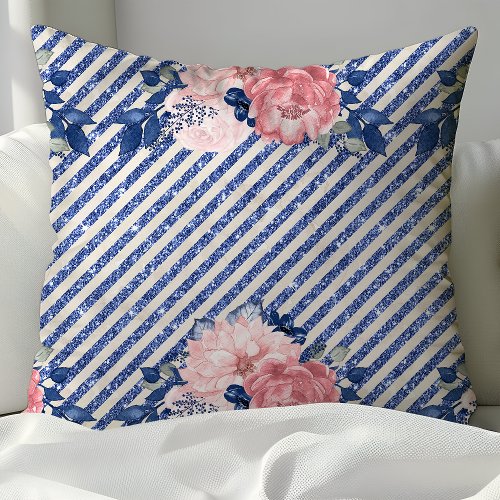 Blush Pink and Navy Glitter Stripes Floral Throw Pillow