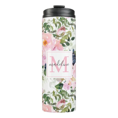 Blush Pink and Navy Watercolor Floral  Thermal Tumbler