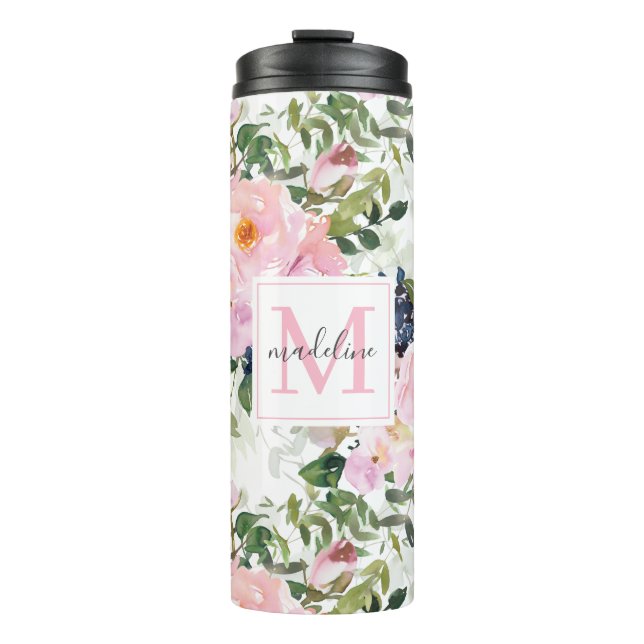 Blush Pink and Navy Watercolor Floral  Thermal Tumbler (Front)