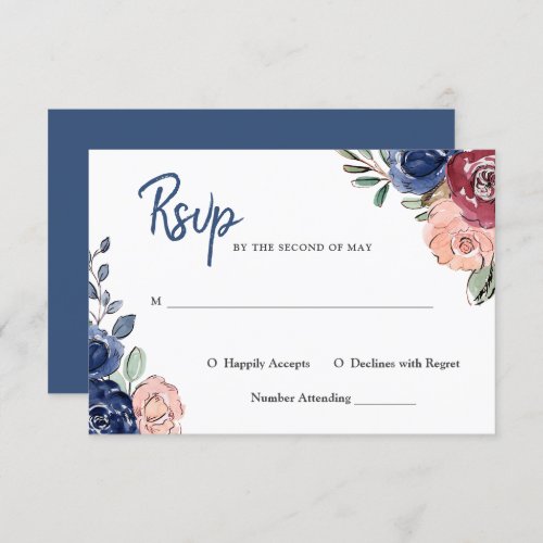 Blush Pink and Navy Watercolor Floral  Wedding Invitation