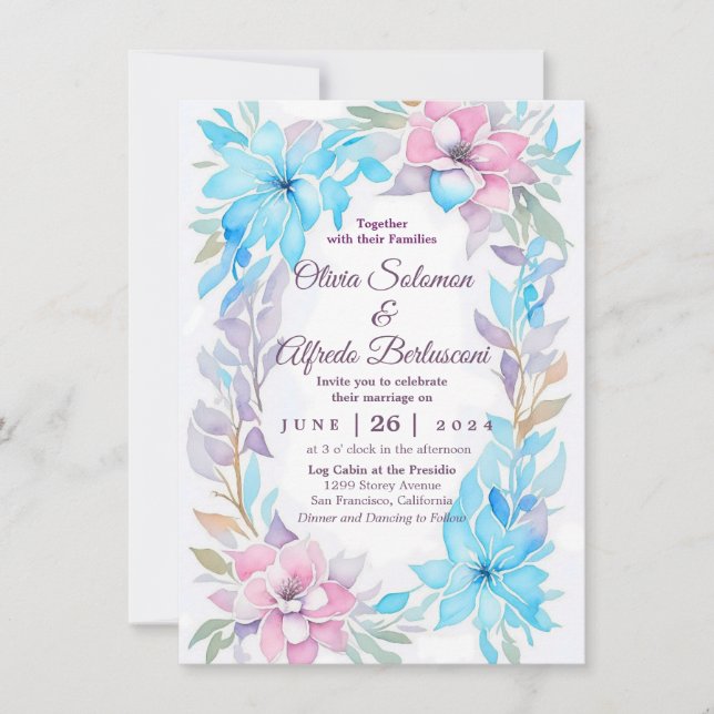 Blush Pink and Ocean Blue Watercolor Floral invite (Front)